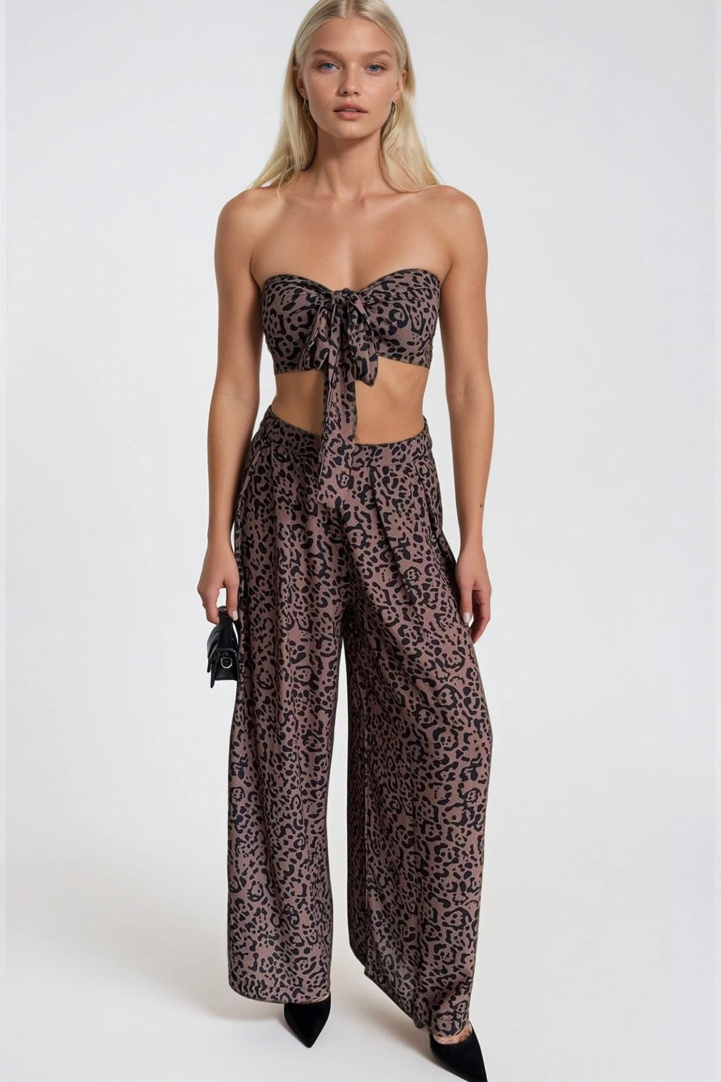 Leopard Pattern Crop Blouse Pants Two-Piece Set