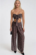 Leopard Pattern Crop Blouse Pants Two-Piece Set
