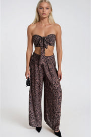 Leopard Print Crop Blouse and Pants Two-Piece Set