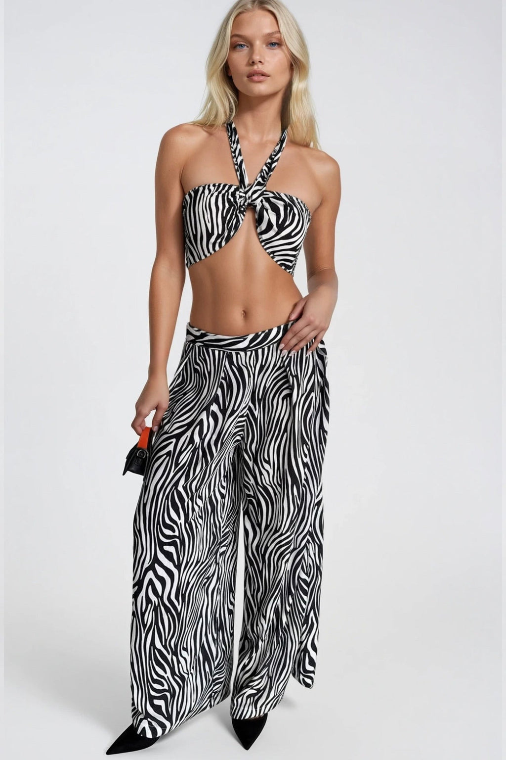 Zebra Pattern Crop Blouse Pants Two-Piece Set