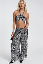 Zebra Pattern Crop Blouse Pants Two-Piece Set