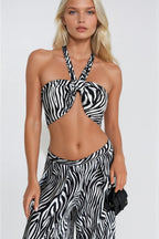 Zebra Pattern Crop Blouse Pants Two-Piece Set