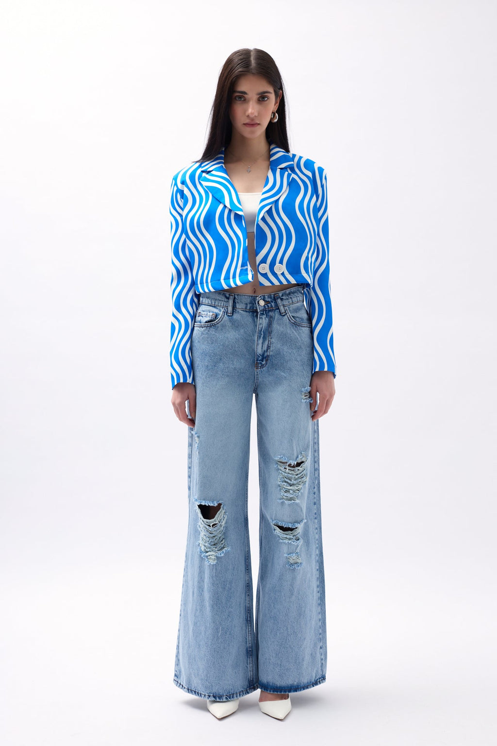 Patterned Blue Crop Jacket
