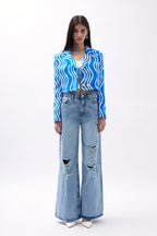 Patterned Blue Crop Jacket