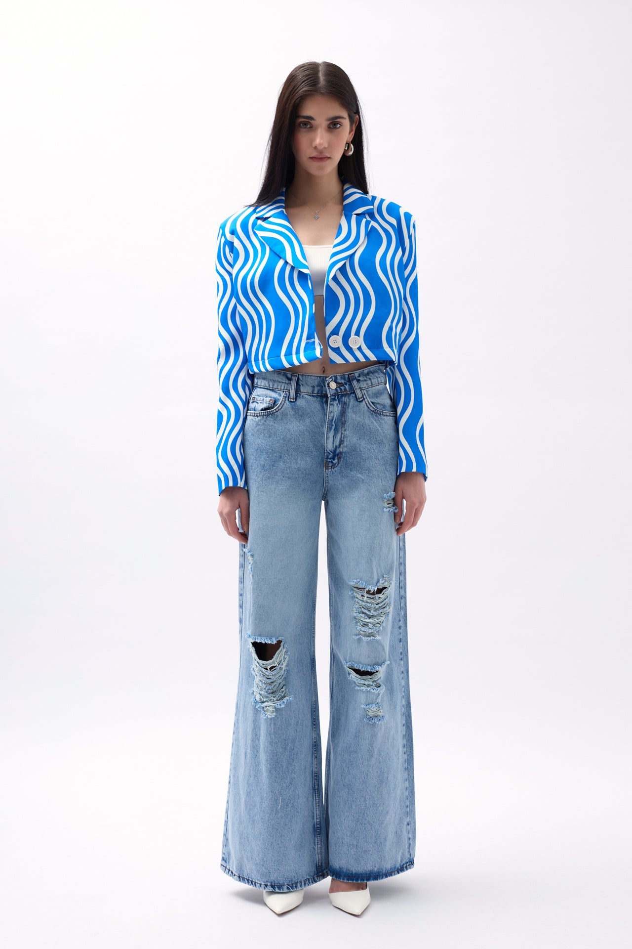 Patterned Blue Crop Jacket