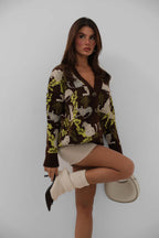 Patterned Oversize Brown Cardigan