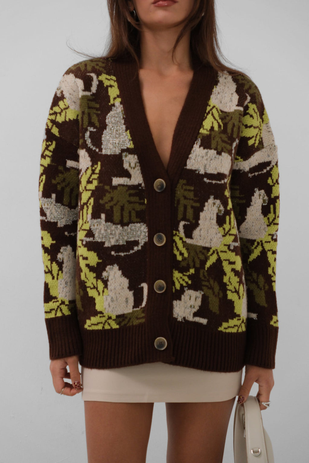 Patterned Oversize Brown Cardigan