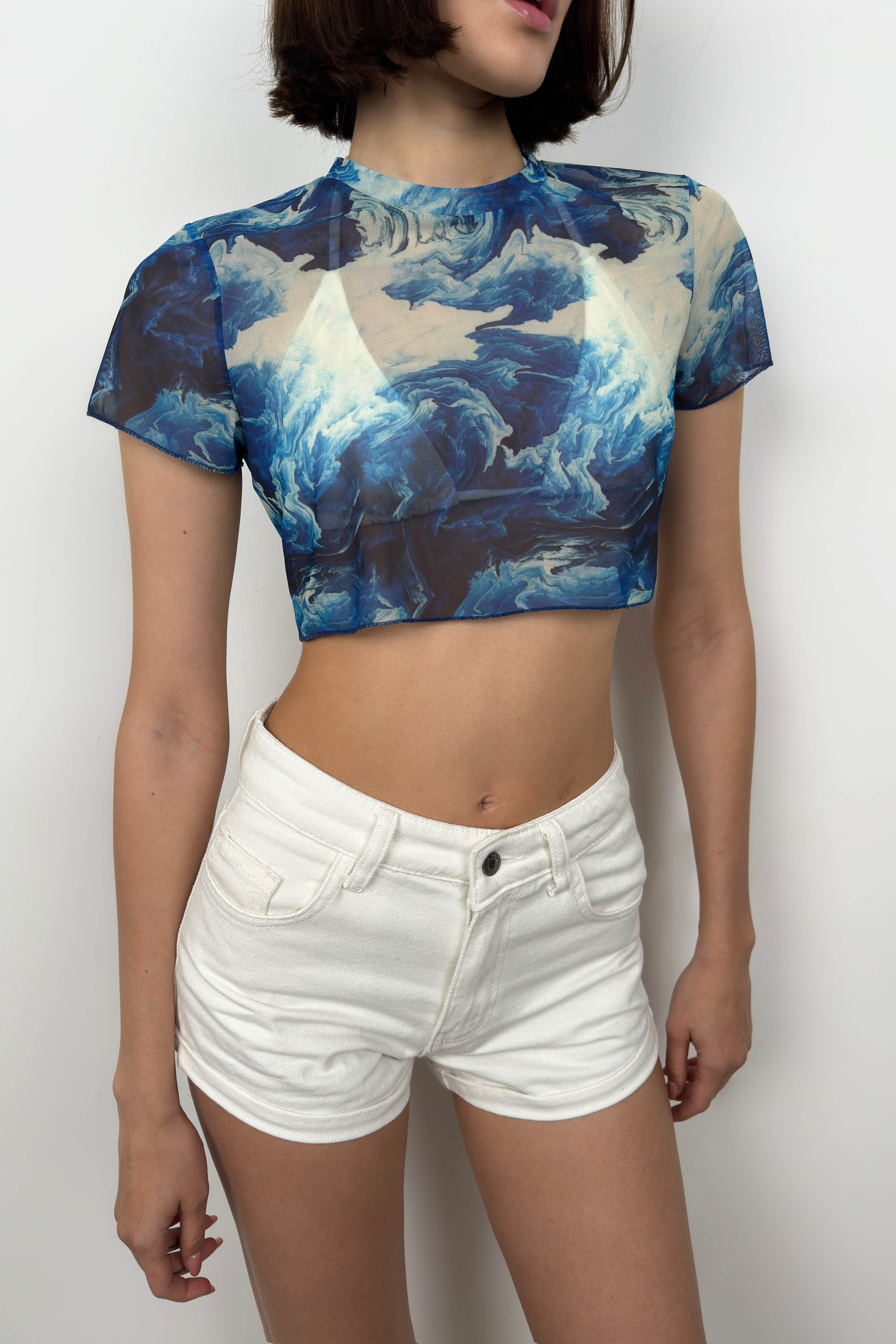 Patterned Half Sleeve Tulle Blue Blouse