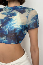 Patterned Half Sleeve Tulle Blue Blouse