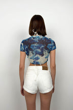 Patterned Half Sleeve Tulle Blue Blouse