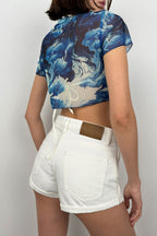 Patterned Half Sleeve Tulle Blue Blouse