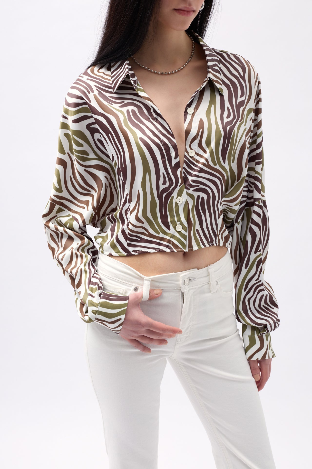 Patterned Green Crop Shirt