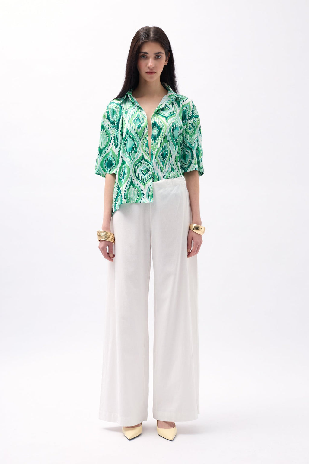Patterned Green Satin Shirt