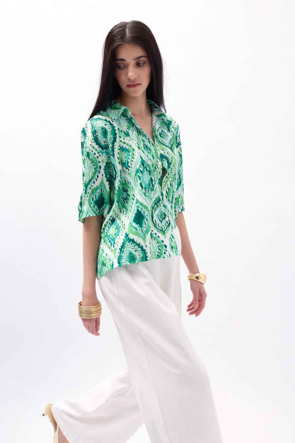 Patterned Green Satin Shirt