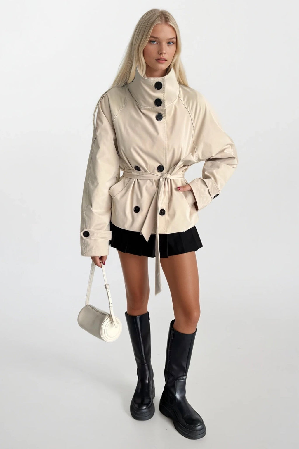 High Neck Crop Beige Trench Coat