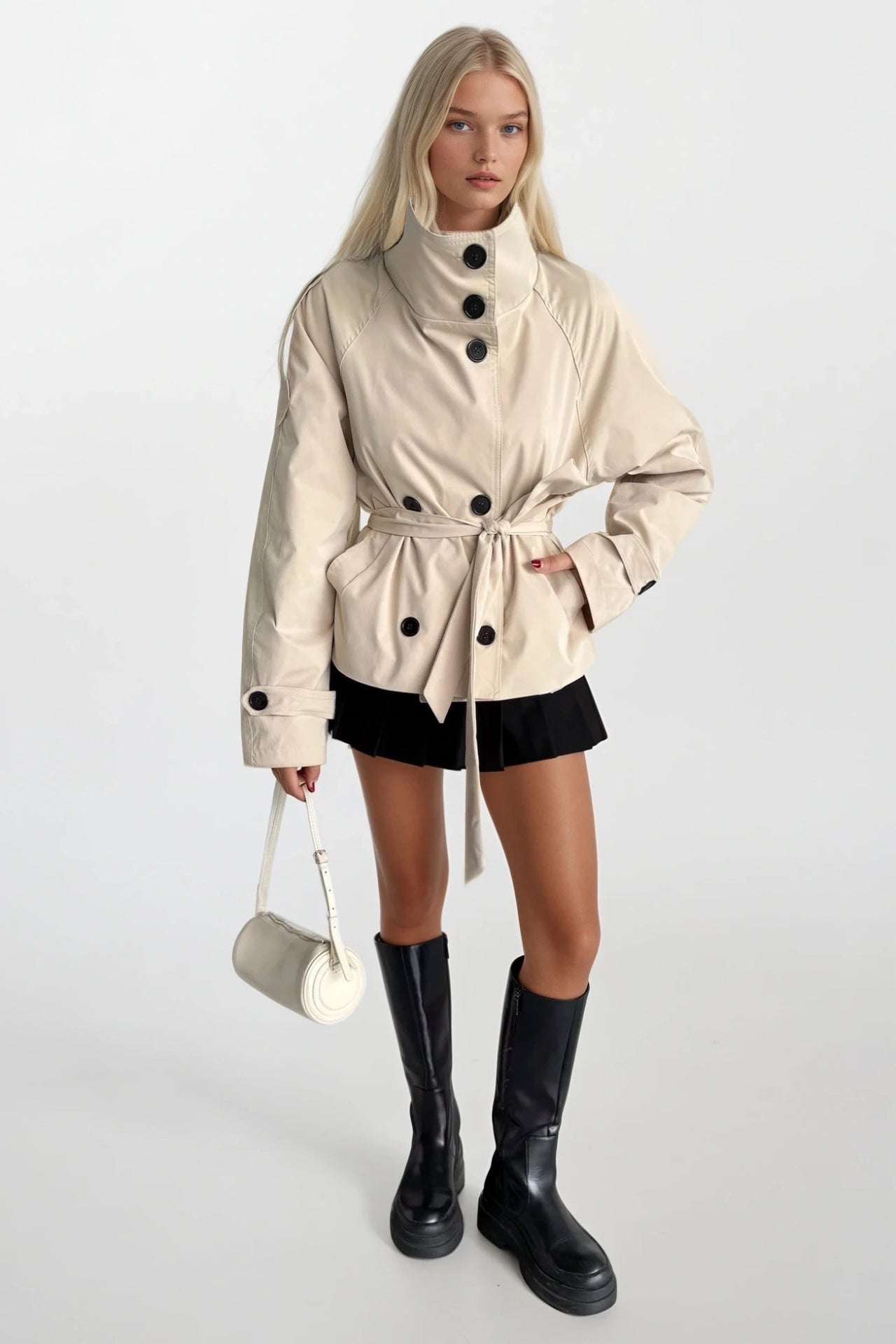 High Neck Crop Beige Trench Coat