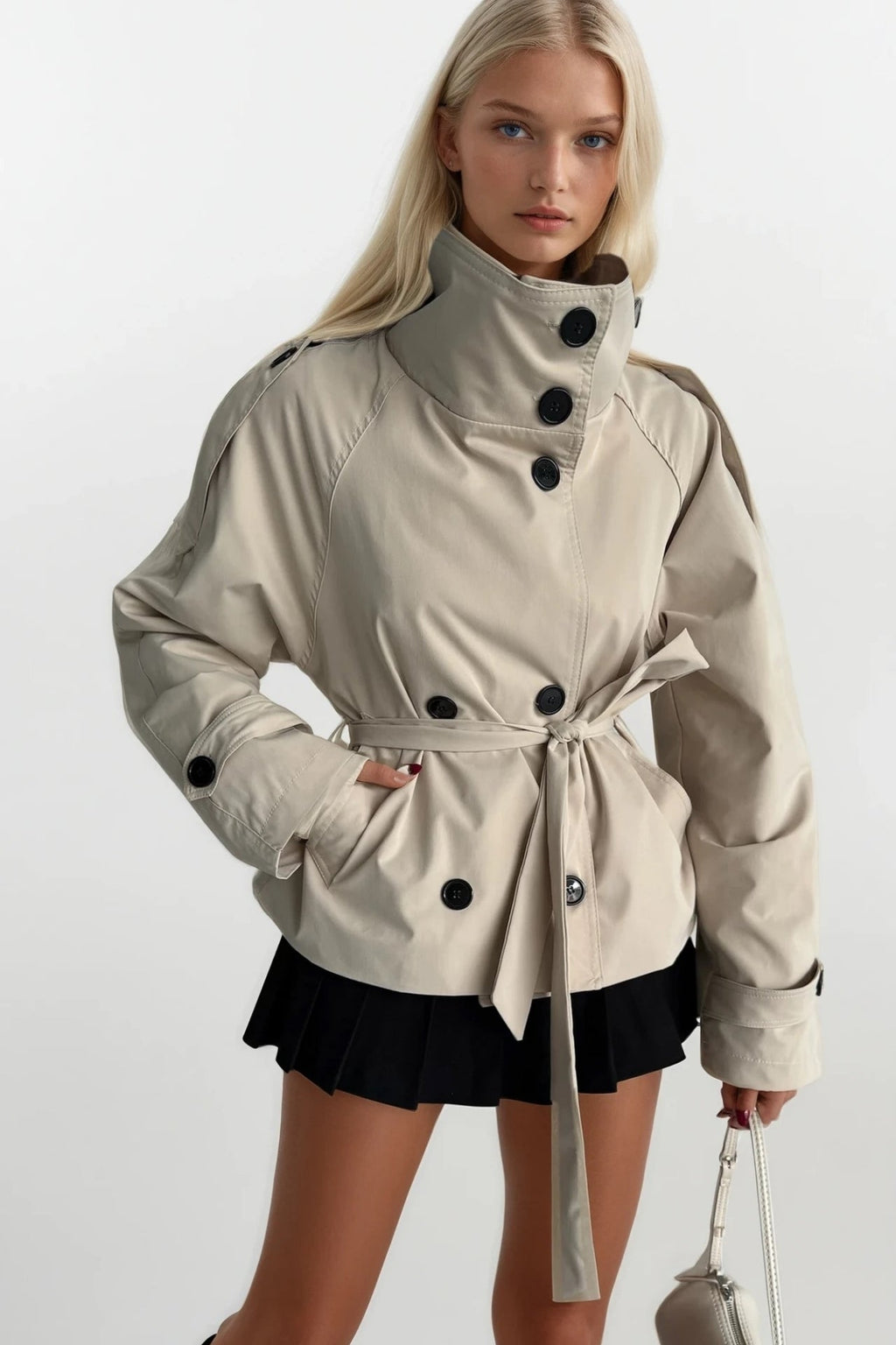 High Neck Crop Beige Trench Coat