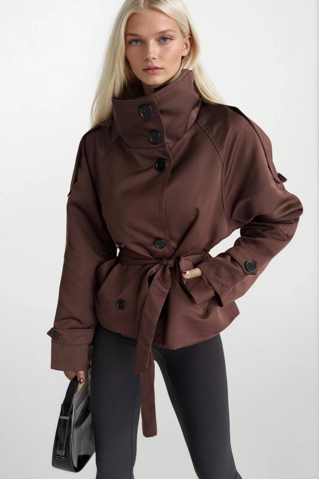 High Neck Crop Brown Trench Coat