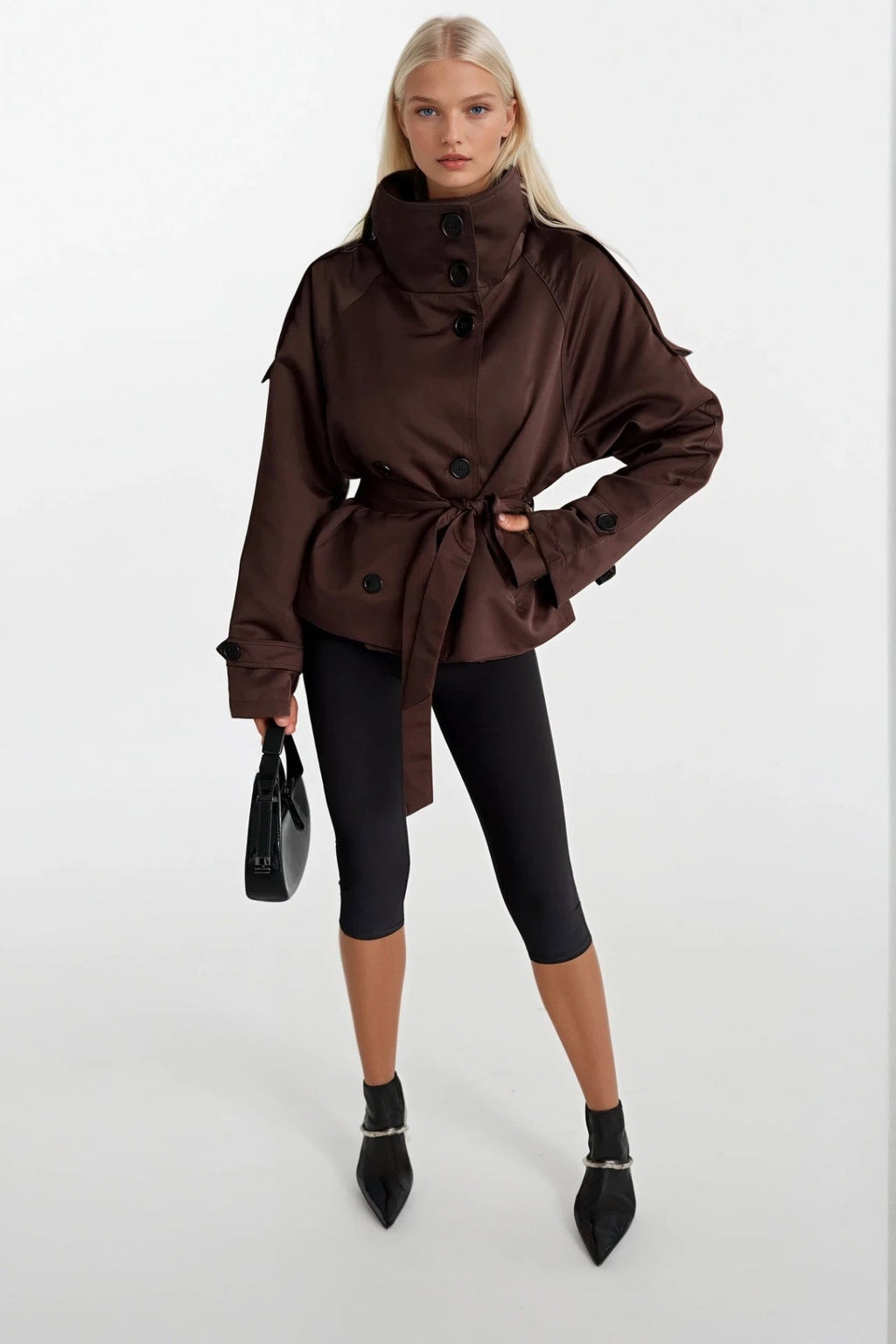 High Neck Crop Brown Trench Coat