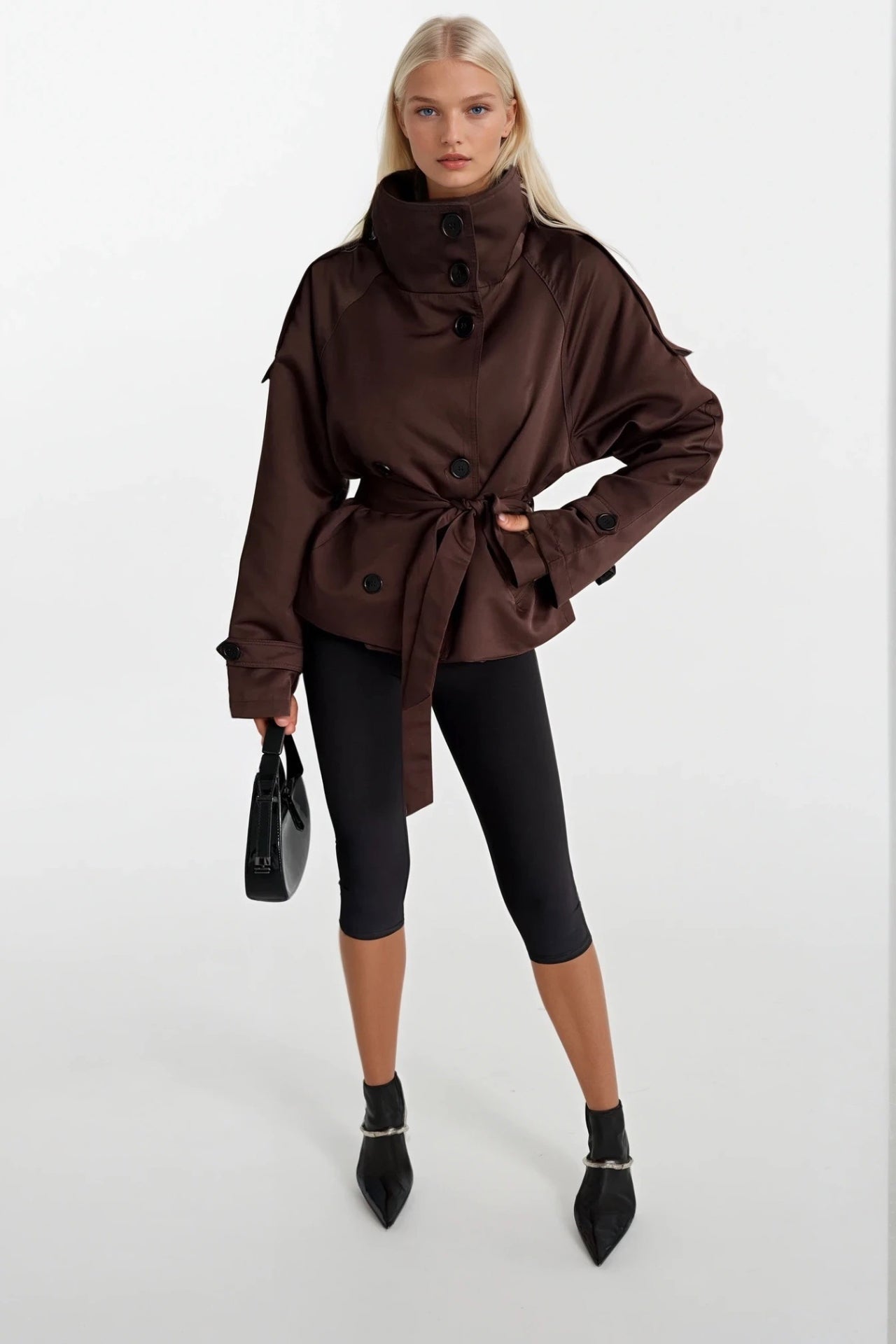 High Neck Crop Brown Trench Coat