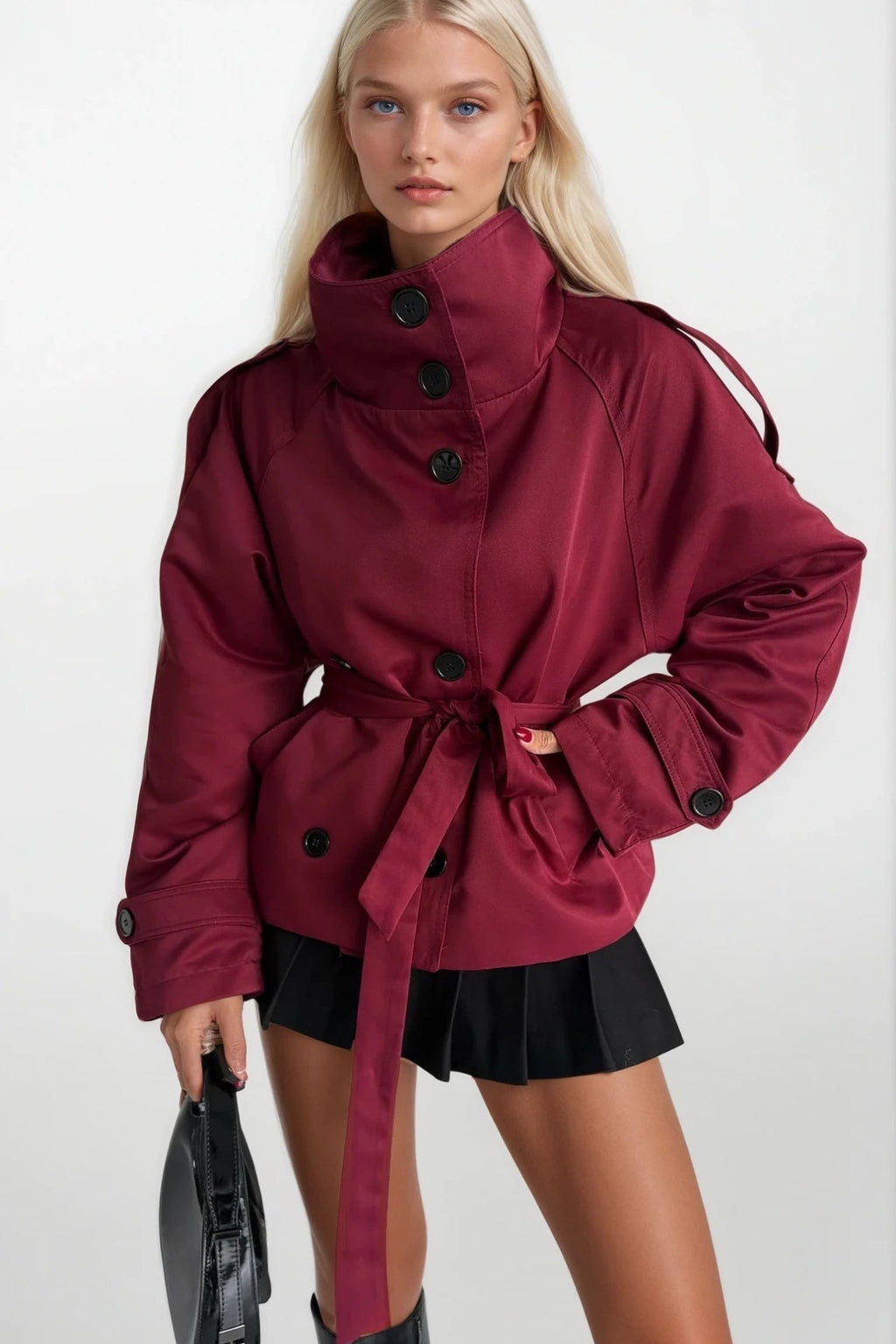High Neck Crop Burgundy Trench Coat
