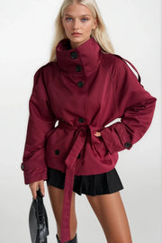 Stand-Up Collar Burgundy Crop Trench Coat