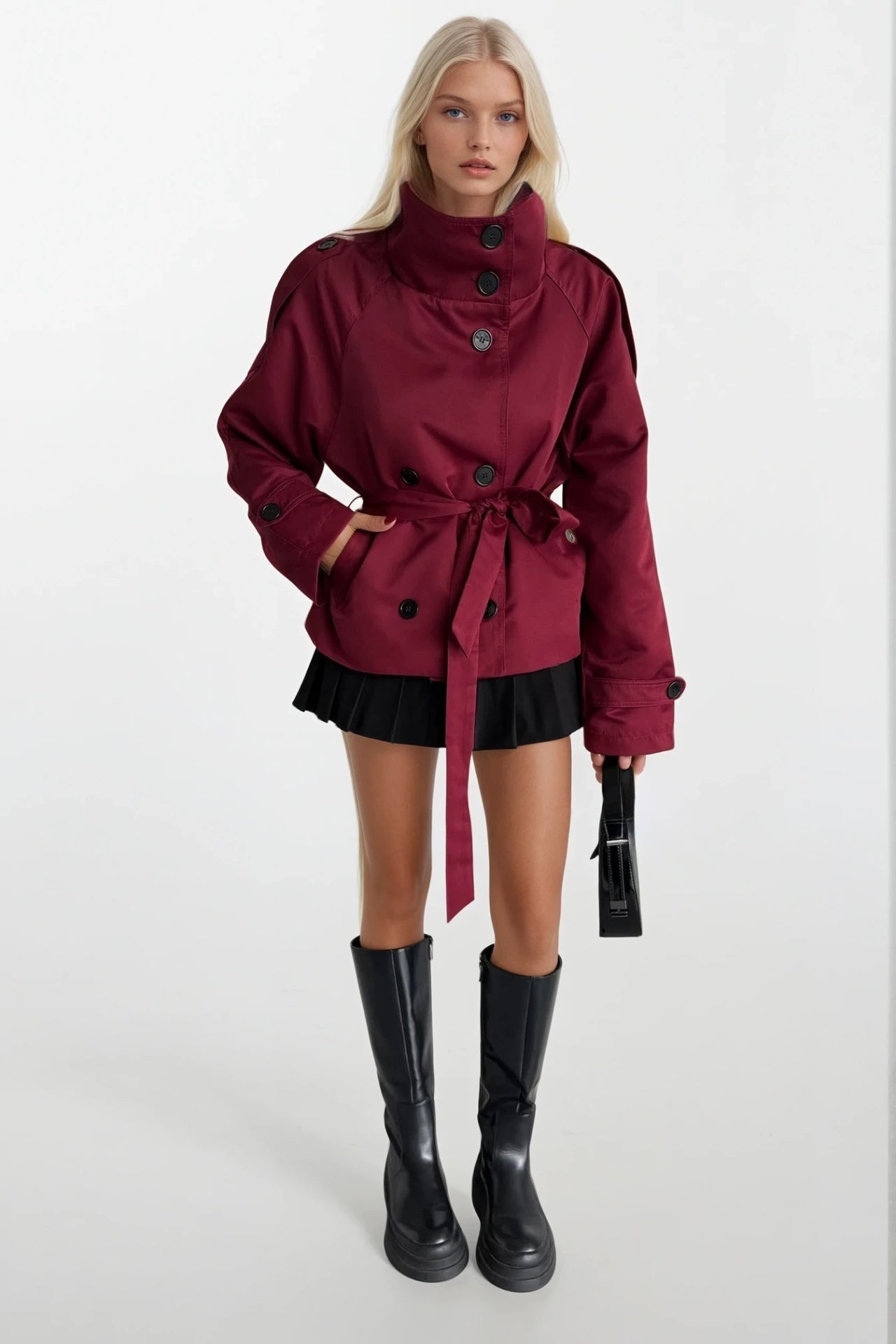 High Neck Crop Burgundy Trench Coat