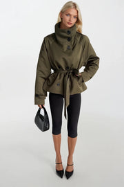 Stand-Up Collar Crop Khaki Trench Coat
