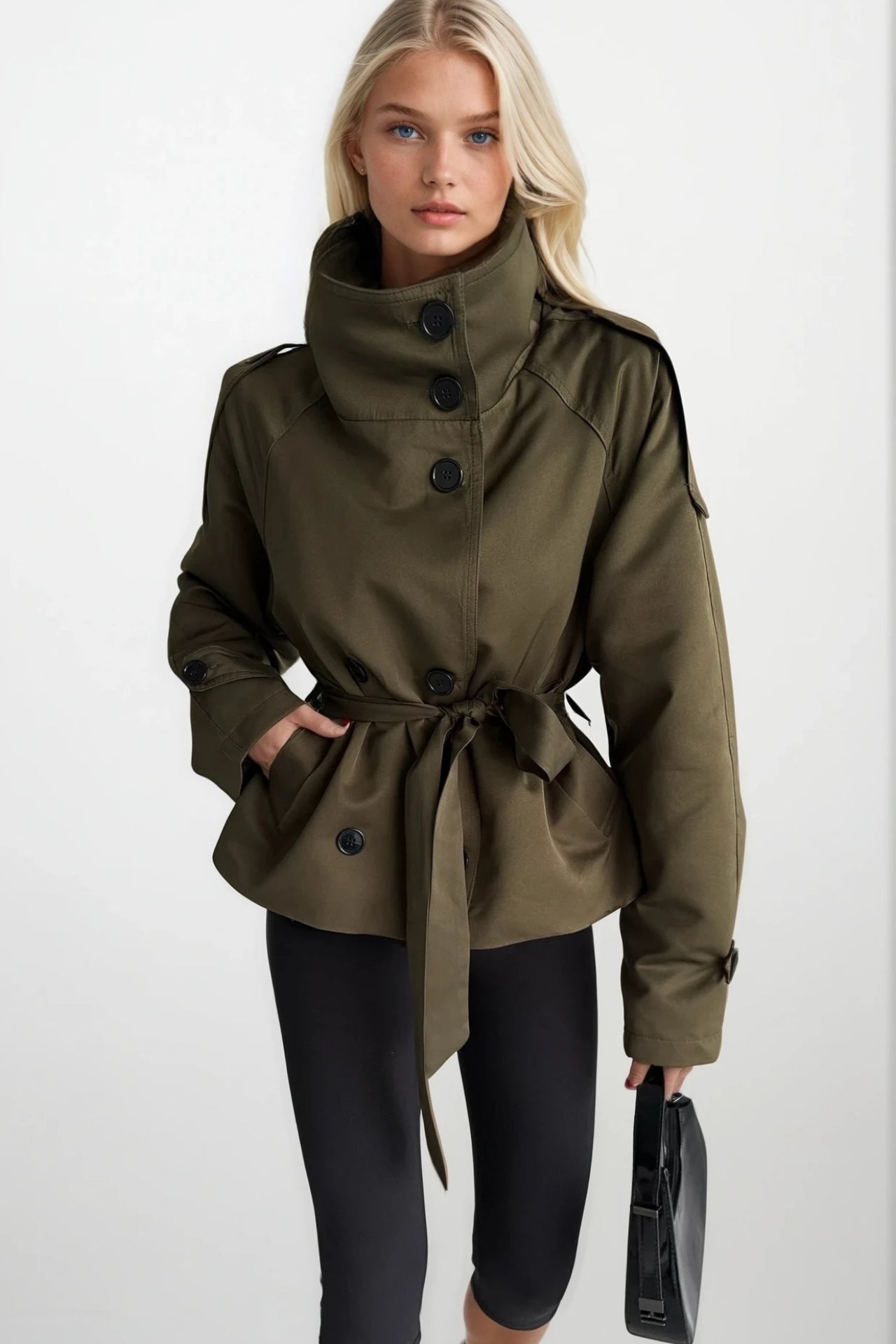 High Neck Crop Khaki Trench Coat