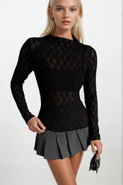 Black Lace Blouse with Stand-Up Collar