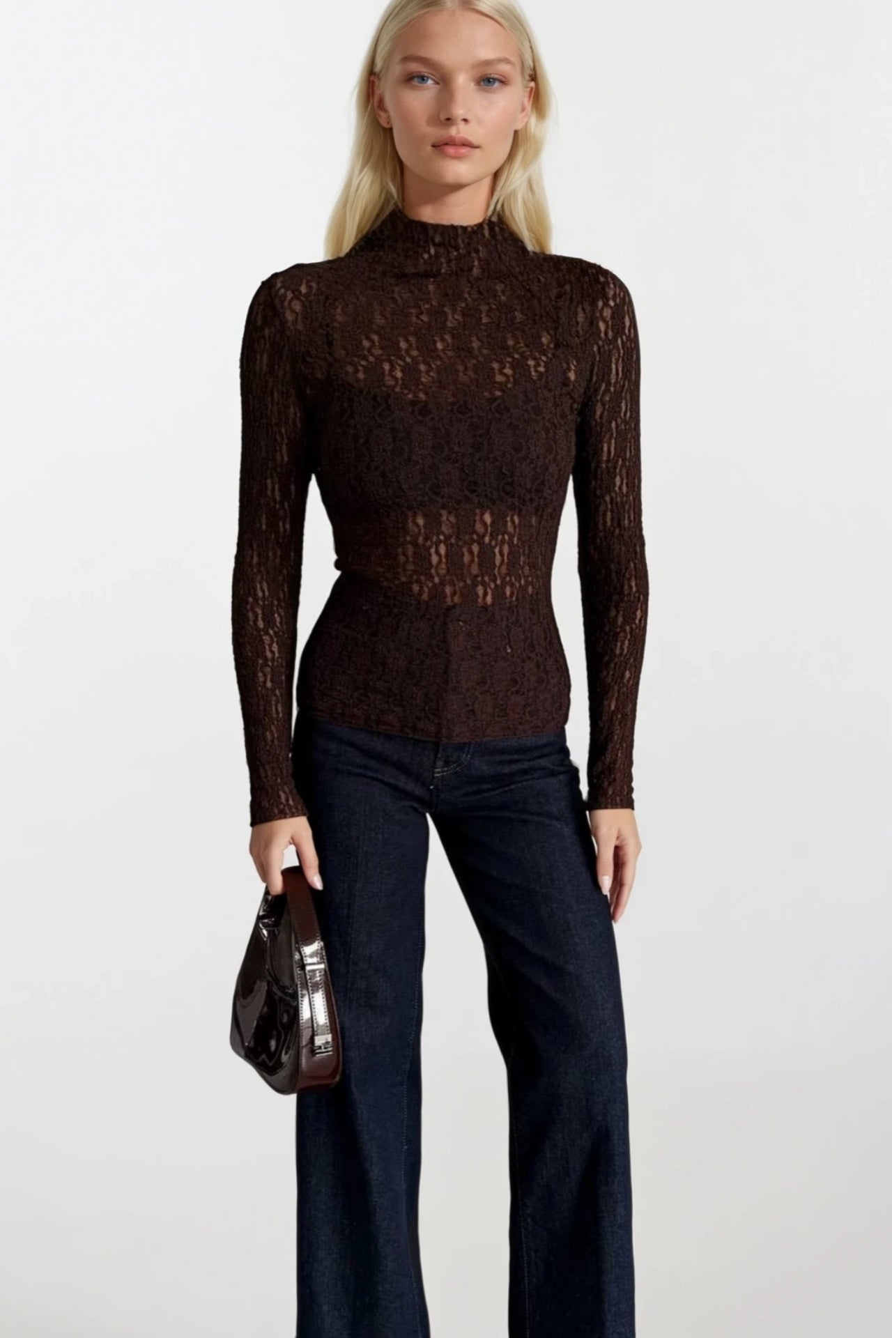 High Neck Brown Lace Blouse