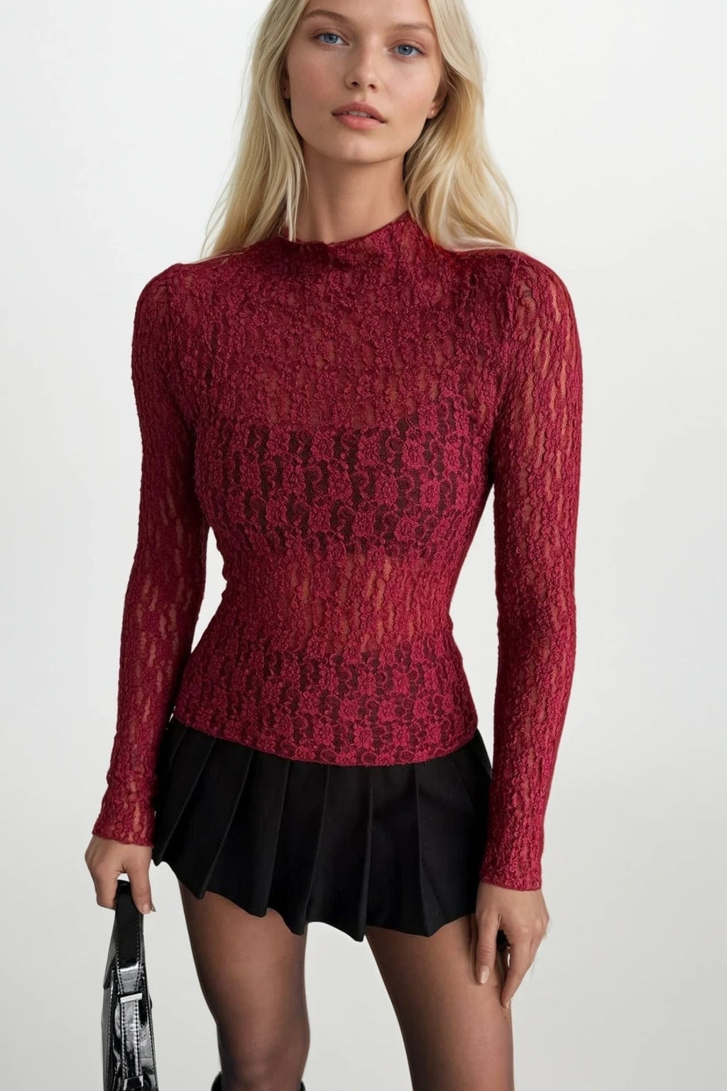 High Neck Burgundy Lace Blouse