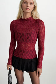 Stand-Up Collar Burgundy Lace Blouse