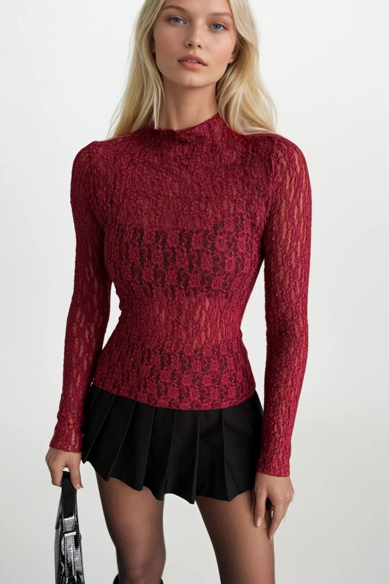 High Neck Burgundy Lace Blouse