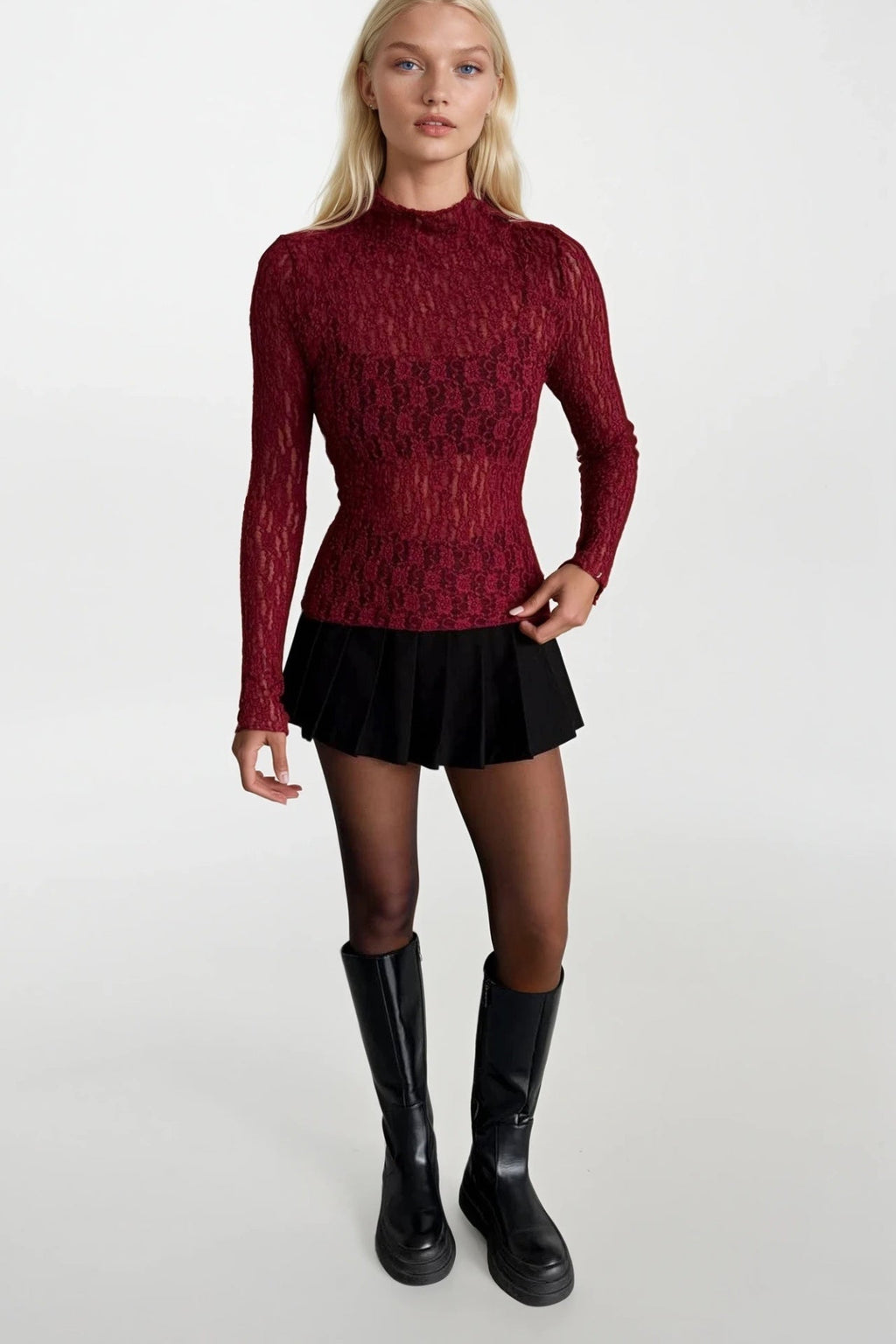 High Neck Burgundy Lace Blouse