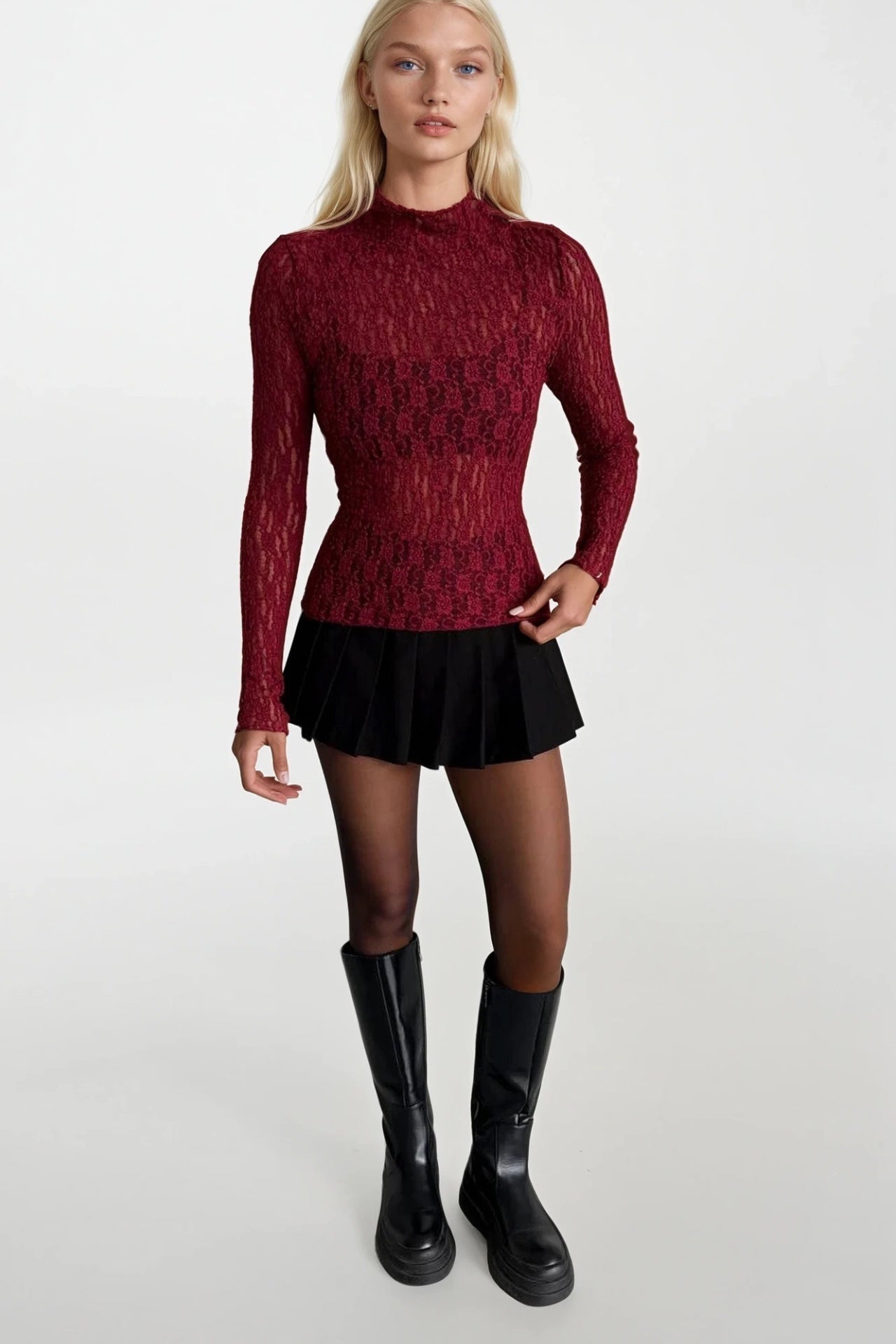 High Neck Burgundy Lace Blouse