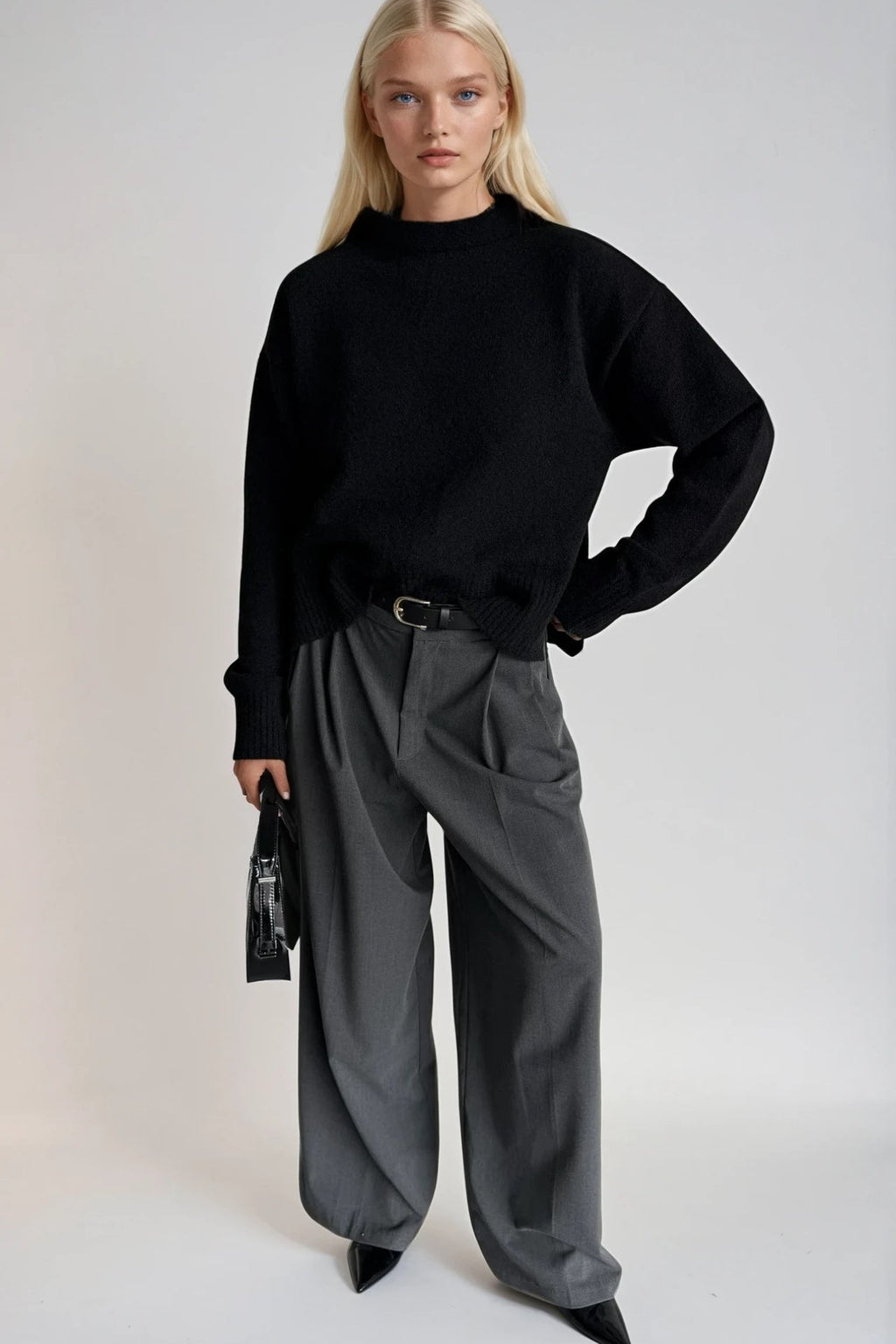 High Neck Side Slit Black Crop Knit Sweater