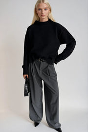 Black Crop Knit Sweater with High Neck and Side Slits