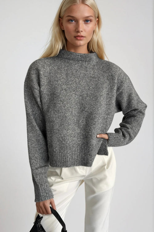 Anthracite Turtleneck Side Slit Crop Knit Sweater