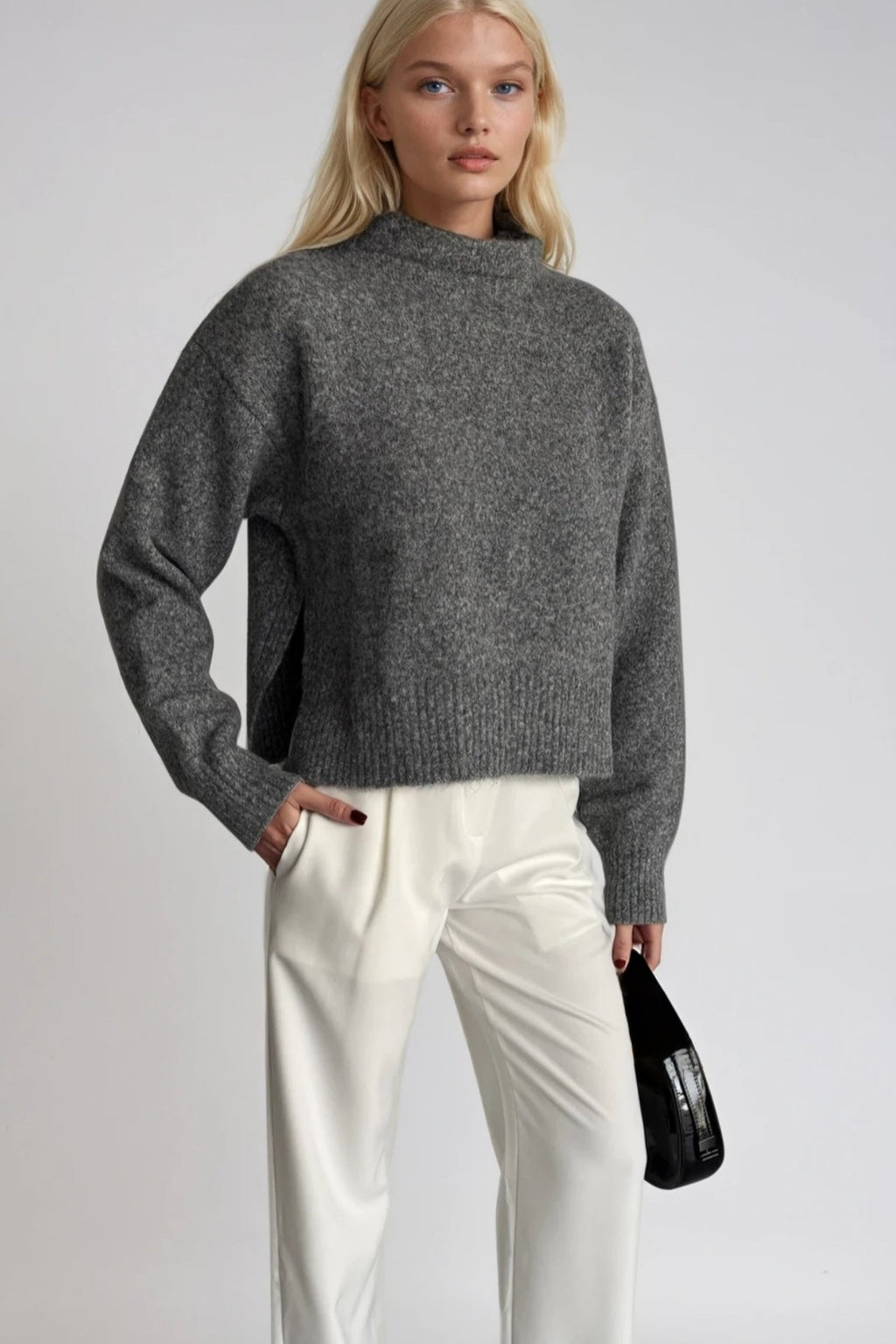 High Neck Side Slit Anthracite Crop Knit Sweater