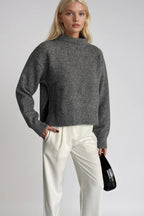High Neck Side Slit Anthracite Crop Knit Sweater