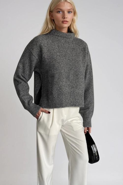 Anthracite Turtleneck Side Slit Crop Knit Sweater