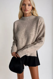 Beige Turtleneck Slit Crop Knit Sweater