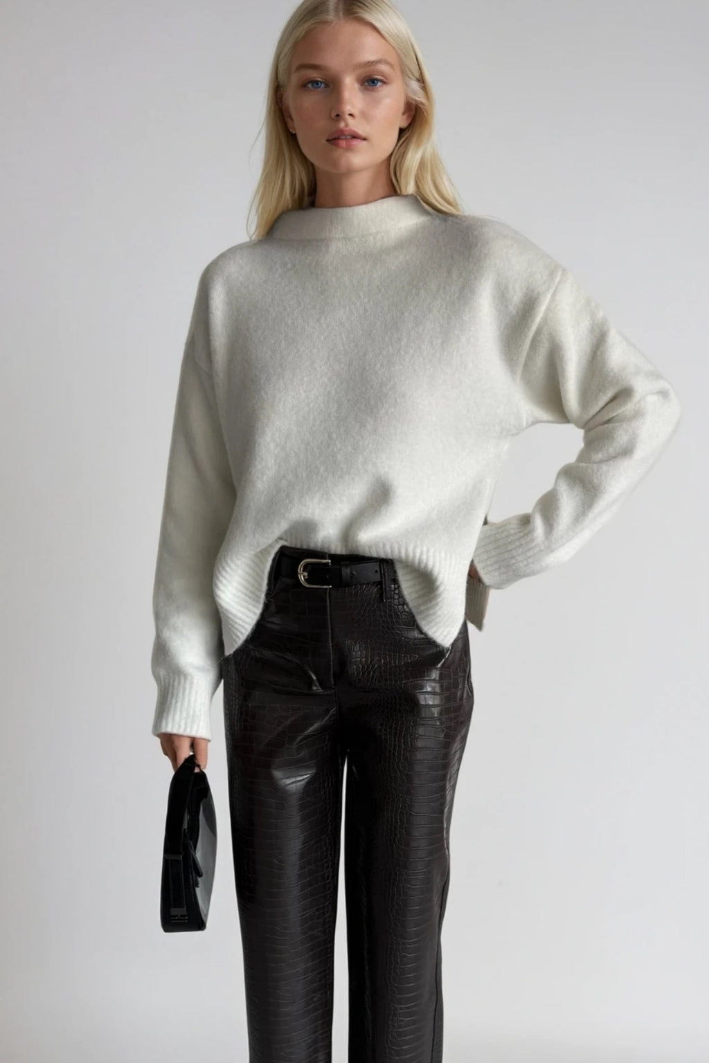 High Neck Side Slit Ecru Crop Knit Sweater