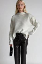 Ecru High-Neck Side-Slit Crop Knit Sweater