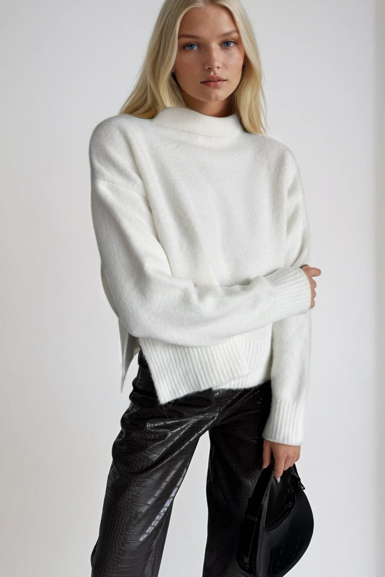 High Neck Side Slit Ecru Crop Knit Sweater