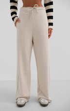 Stitch Detail Wide-Leg Beige Sweatpants