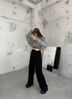 Stitch Detail Wide-Leg Black Sweatpants