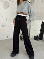Stitch Detail Wide-Leg Black Sweatpants