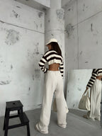 Stitch Detail Wide-Leg Beige Sweatpants
